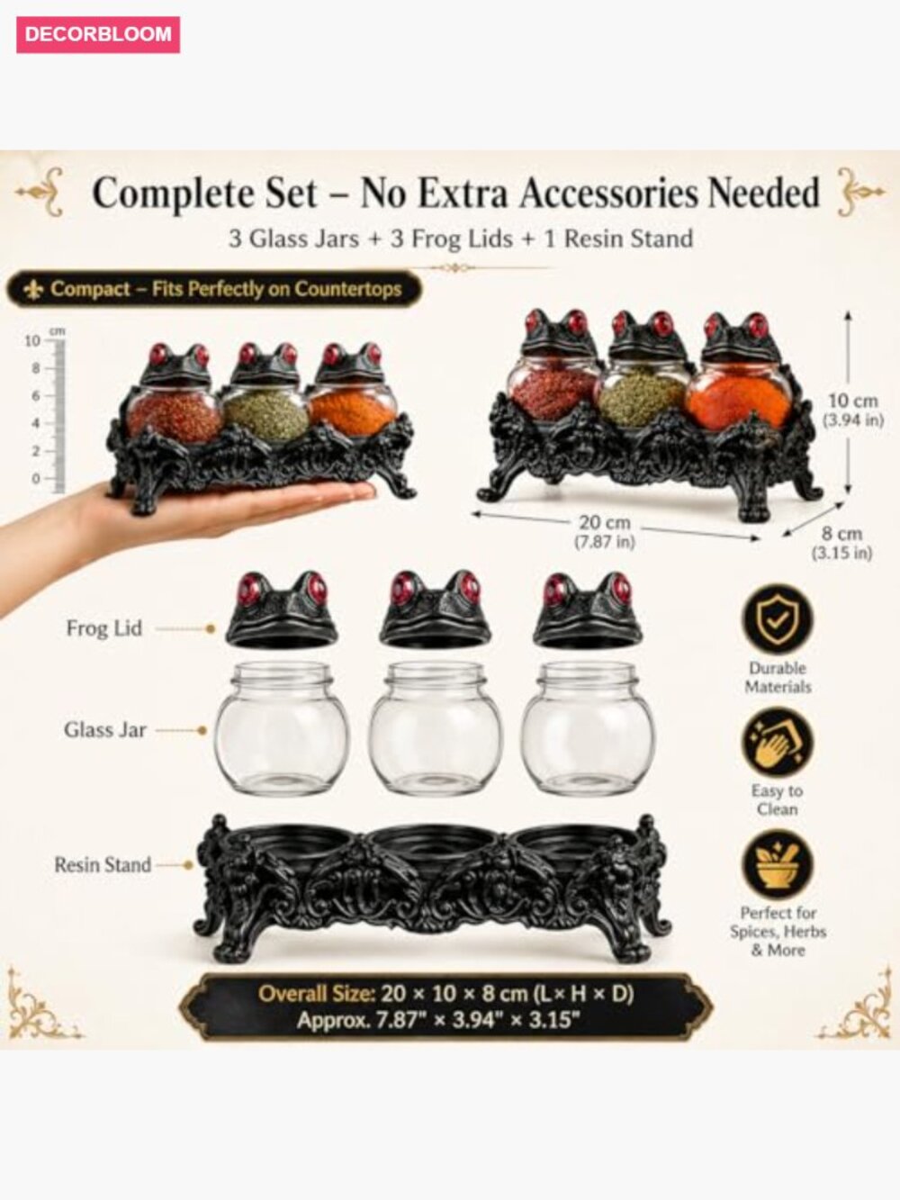 Gothic Spice Jars Set with Frog Lids & Stand - Picture 2 of 7